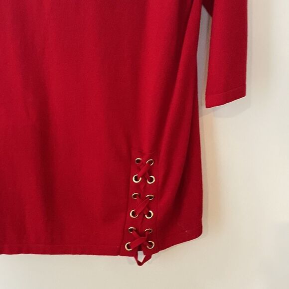 Chico’s V-Neck Sweater Women's Large Tunic Top Longline Red Knit Holiday Festive - Picture 6 of 12